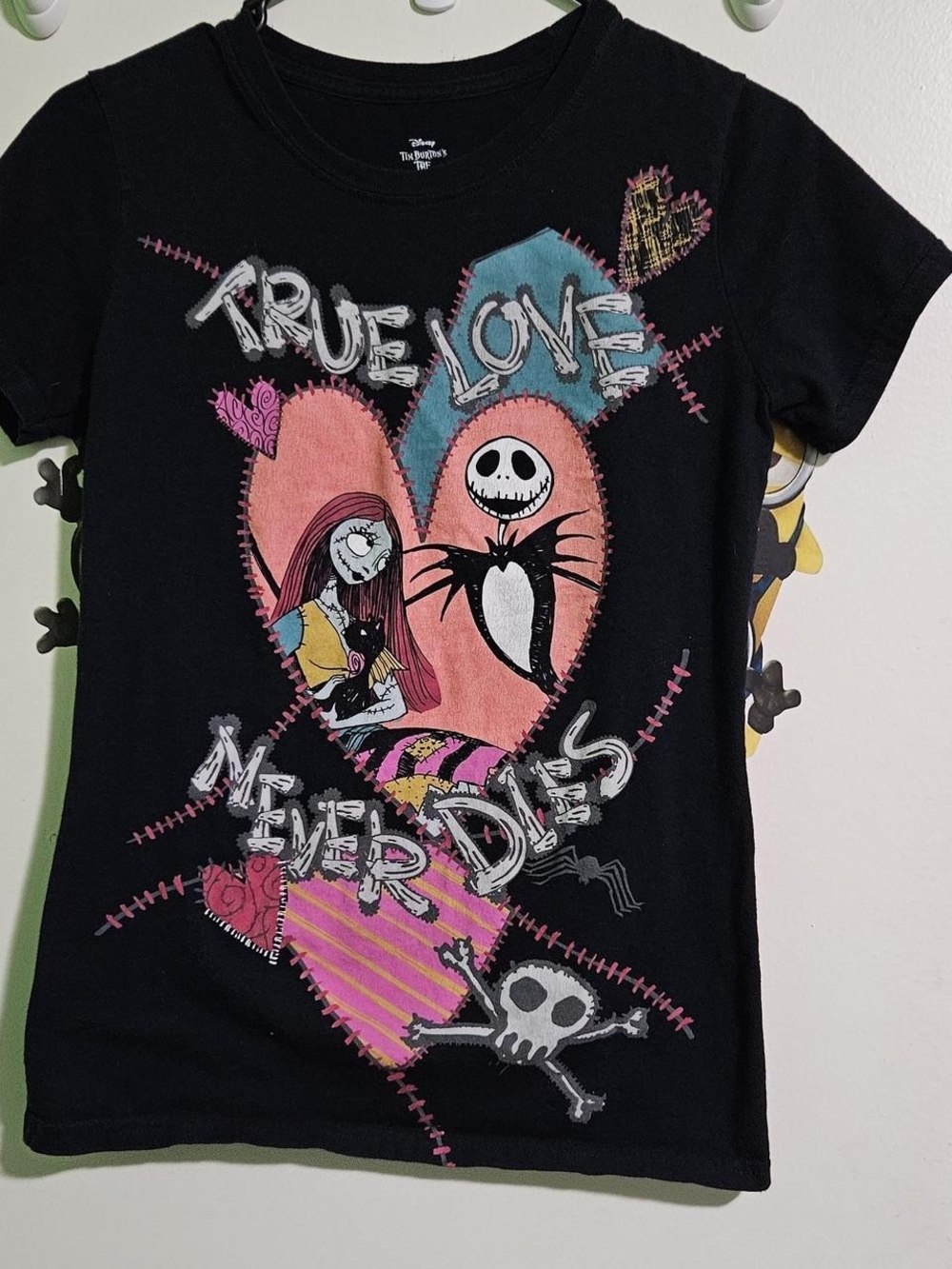 Disney The Nightmare Before Christmas Black Tee with Pink & Teal Heart Graphic